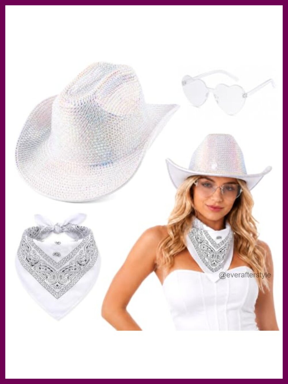 Rhinestone Cowboy Hat Set Felt Bandana Heart Sunglasses Cosplay Wedding